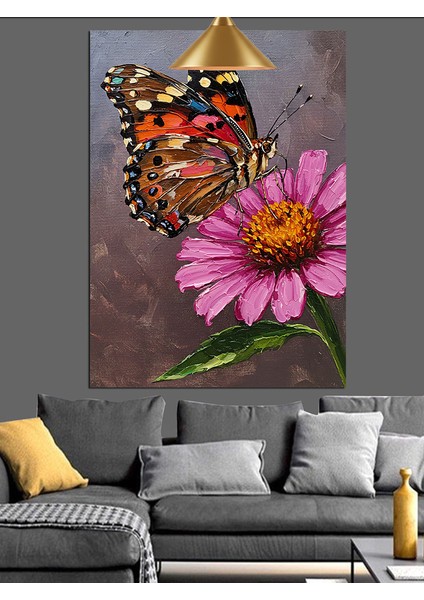 Turuncu Kelebek Pembe Çiçek Dekoratif Kanvas - Mdf Ahşap Tablo fiyatları