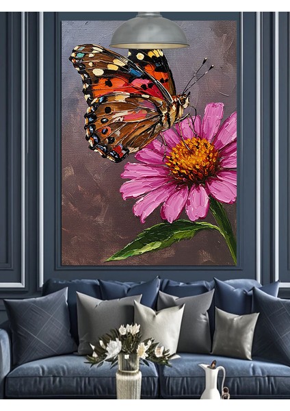 Turuncu Kelebek Pembe Çiçek Dekoratif Kanvas - Mdf Ahşap Tablo modelleri
