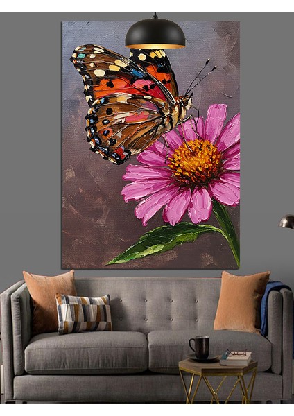 Turuncu Kelebek Pembe Çiçek Dekoratif Kanvas - Mdf Ahşap Tablo fırsatları