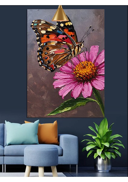 Turuncu Kelebek Pembe Çiçek Dekoratif Kanvas - Mdf Ahşap Tablo indirimleri
