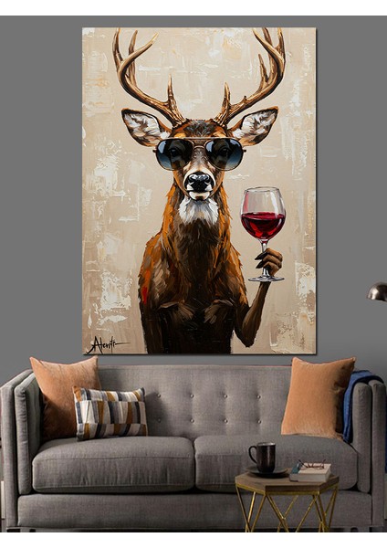 Kırmızı Şaraplı Geyik Dekoratif Kanvas - Mdf Ahşap Tablo