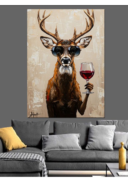 Kırmızı Şaraplı Geyik Dekoratif Kanvas - Mdf Ahşap Tablo fiyatları