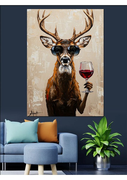 Kırmızı Şaraplı Geyik Dekoratif Kanvas - Mdf Ahşap Tablo fırsatları