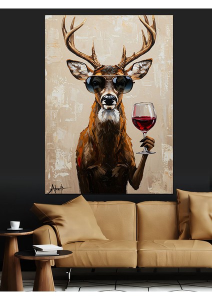 Kırmızı Şaraplı Geyik Dekoratif Kanvas - Mdf Ahşap Tablo indirimleri