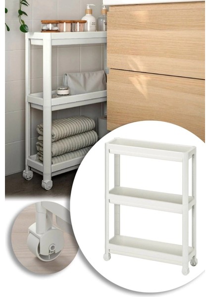 Vesken Beyaz 3lü Tekerlekli Dikdörtgen Raf Ünitesi Banyo Mutfak Düzenleyici Raf Modern Depolama Raf