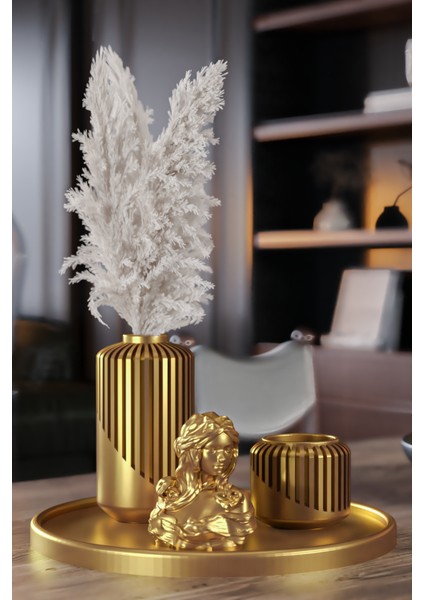 Golden Collection - Dekoratif 3'lü Set - Tüylük & Mumluk & Kadın Figürü