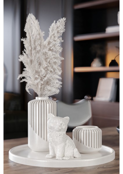 Snow Collection - Dekoratif 3'lü Set - Tüylük & Mumluk & Kedi Figürü