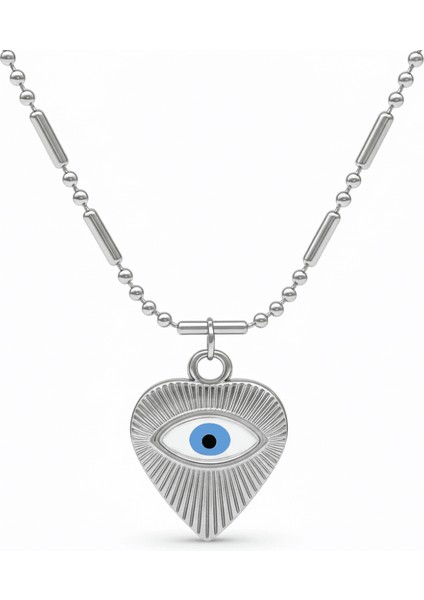Kadın Çelik Kolye - Kalp Tasarım - Göz Detaylı - Gümüş Renk