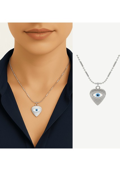 Kadın Çelik Kolye - Kalp Tasarım - Göz Detaylı - Gümüş Renk fiyatları