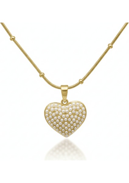 Kadın Çelik Kolye - Kalp Tasarım - Toplu Snake Zincirli - Inci Taşlı - Altın Renk