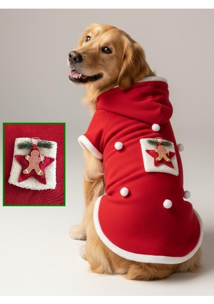 Red Star Kırmızı Yılbaşı Köpek Kıyafeti | Noel Baba Kapüşonlu Polar Sweatshirt | Orta ve Büyük Irklar Için