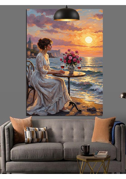 Sahildeki Güzel Gün Batımı Kadın Dekoratif Kanvas - Mdf Ahşap Tablo