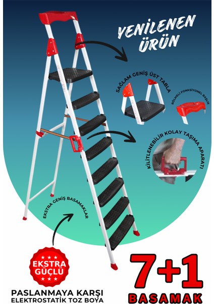 Elegance 7+1 Geniş Basamaklı Kolay Taşıma Aparatlı Merdiven Kaliteli Paslanmaz