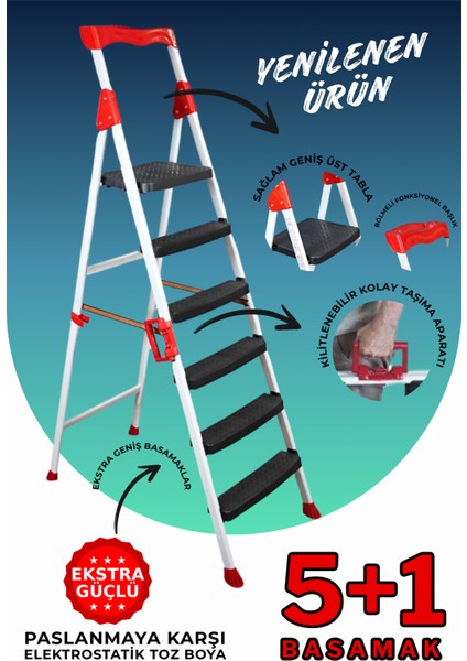 Elegance 5+1 Geniş Basamaklı Kolay Taşıma Aparatlı Merdiven Kaliteli Paslanmaz