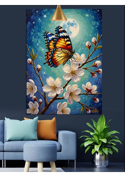 Kelebek Kanatları ve Çiçekli Dal Dekoratif Kanvas - Mdf Ahşap Tablo