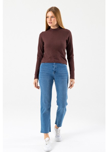 Kadın Dik Yaka Uzun Kollu Dokulu Bluz Kahverengi - 26158