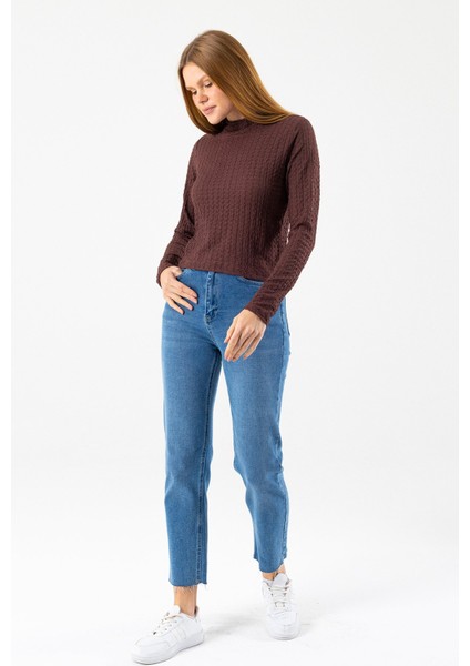 Kadın Dik Yaka Uzun Kollu Dokulu Bluz Kahverengi - 26158 fiyatları