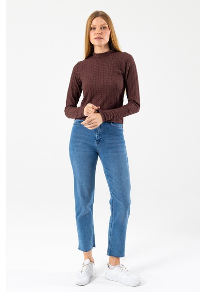 Kadın Dik Yaka Uzun Kollu Dokulu Bluz Kahverengi - 26158 modelleri