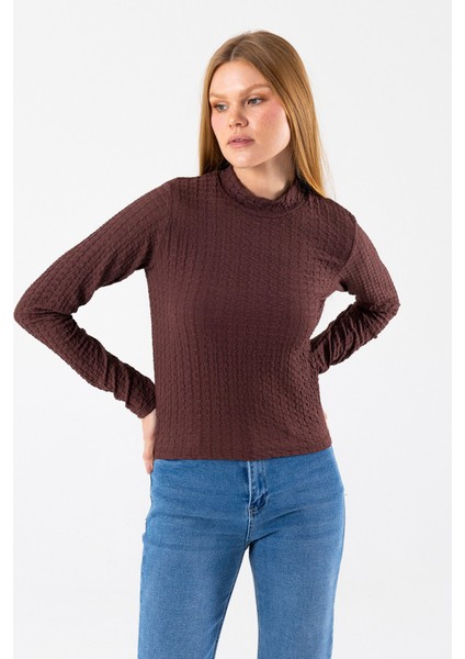 Kadın Dik Yaka Uzun Kollu Dokulu Bluz Kahverengi - 26158 fırsatları
