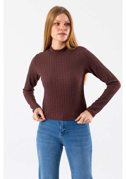 Kadın Dik Yaka Uzun Kollu Dokulu Bluz Kahverengi - 26158 indirimleri