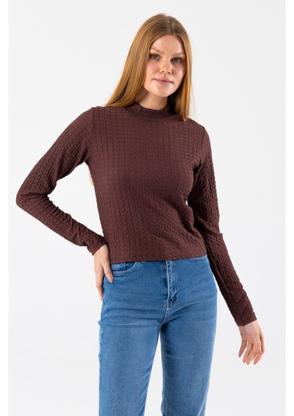 Kadın Dik Yaka Uzun Kollu Dokulu Bluz Kahverengi - 26158