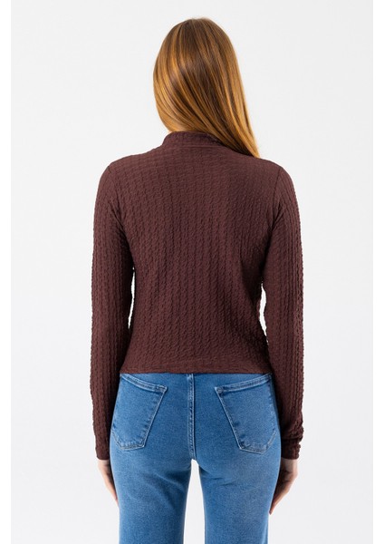 Kadın Dik Yaka Uzun Kollu Dokulu Bluz Kahverengi - 26158