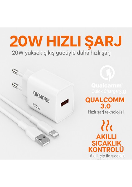 20W Hızlı Şarj Adaptörü + Lightning Kablo Seti | Qualcomm Qc 3.0 | iPhone 14 Promax / 14 / 13 / 12 / 11 / x / 8 / 7 / 6 Serisi Uyumlu Güvenli Şarj Aleti fiyatları