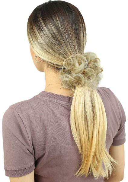 Saçlı Lastikli Topuz Toka / Karamel Platin Röfleli