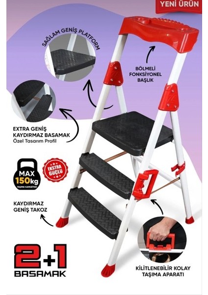 Elegance 2+1 Geniş Basamaklı Kolay Taşıma Aparatlı Merdiven Kaliteli Paslanmaz