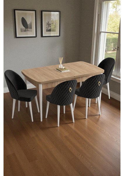 Mura Meşe 80X132 Açılabilir Mdf Masa Yemek Odası Takımı, Mutfak Takımı 4 Adet Sandalye