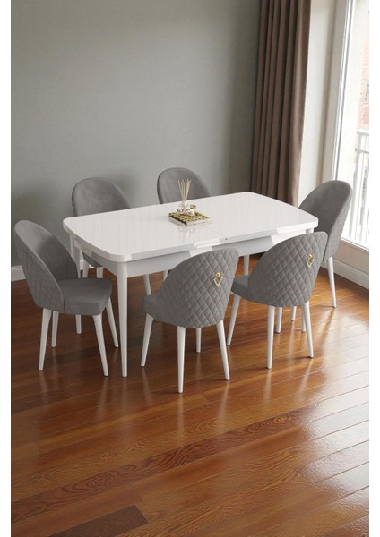 Mura Beyaz 80X132 Açılabilir Mdf Masa Yemek Odası Takımı, Mutfak Takımı 6 Adet Sandalye