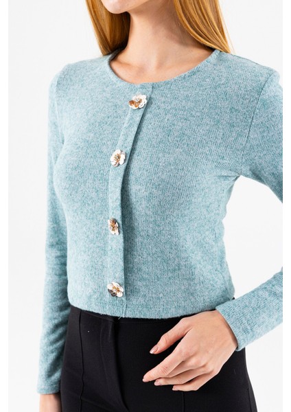 Kadın Bisiklet Yaka Pullu Düğme Detaylı Bluz Yeşil - 2630