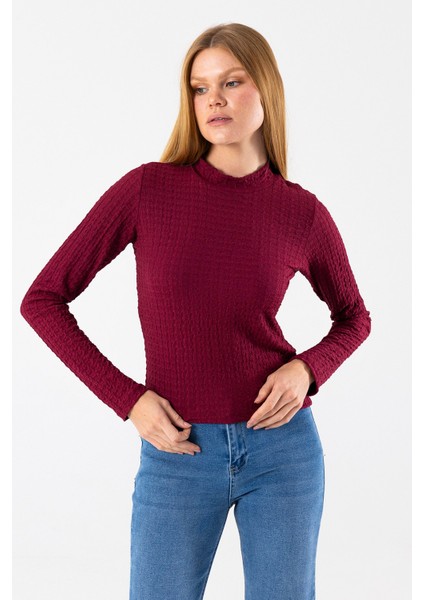 Kadın Dik Yaka Uzun Kollu Dokulu Bluz Bordo - 26158 fiyatları