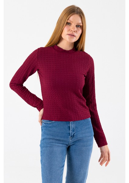 Kadın Dik Yaka Uzun Kollu Dokulu Bluz Bordo - 26158 modelleri