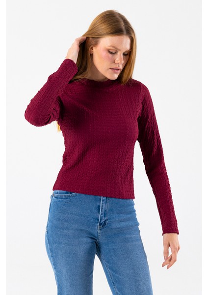 Kadın Dik Yaka Uzun Kollu Dokulu Bluz Bordo - 26158 fırsatları