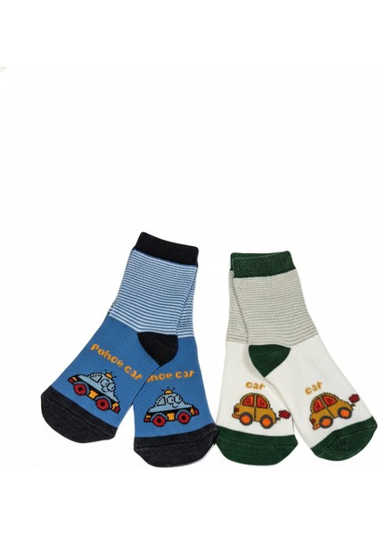 2'li Kaydırmaz Tabanlı Pamuklu Bebek Çorabı Seti - Araba Desenli Bebek Giyim Havlu Kalın Çocuk Çorap