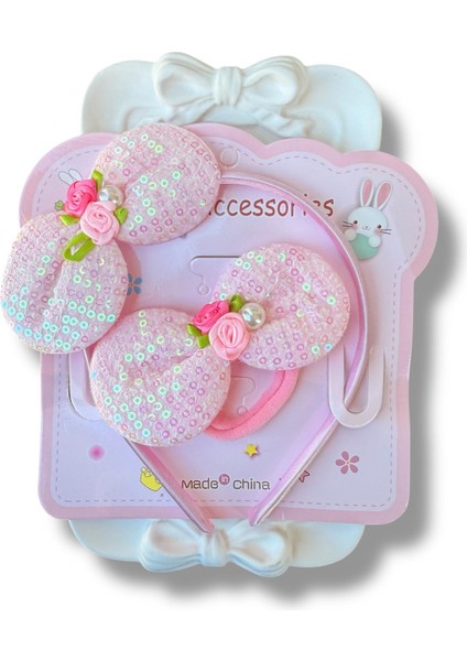 Pembe Renk Pullu Fiyonk Üzeri Çiçek ve Inci Figürlü Lastik ve Taç Kız Çocuk Set Toka 2'li fiyatları