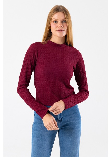 Kadın Dik Yaka Uzun Kollu Dokulu Bluz Bordo - 26158 indirimleri