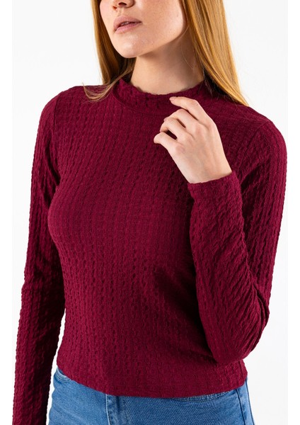 Kadın Dik Yaka Uzun Kollu Dokulu Bluz Bordo - 26158