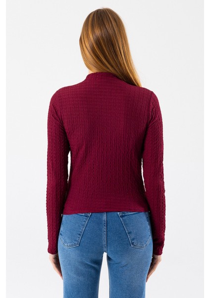 Kadın Dik Yaka Uzun Kollu Dokulu Bluz Bordo - 26158