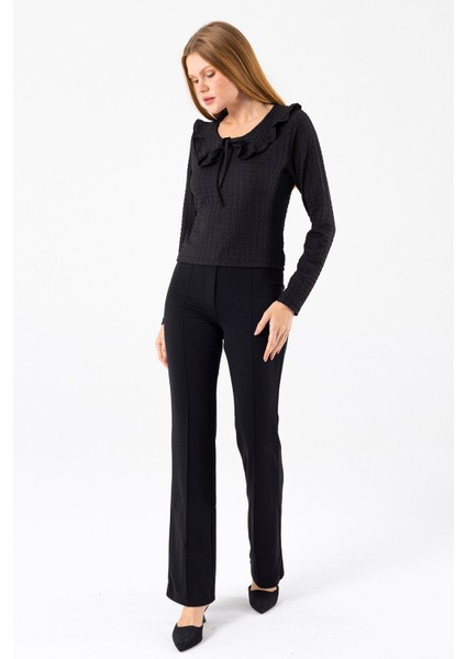 Kadın Yakalı Bağlama Detaylı Dokulu Bluz Siyah - 26116