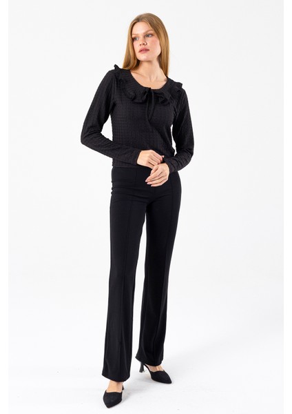 Kadın Yakalı Bağlama Detaylı Dokulu Bluz Siyah - 26116 fiyatları