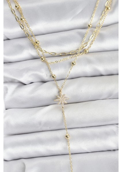 Pirinç Gold Renk Kutup Yıldızı Detaylı 3'lü Kombin Kadın Kolye