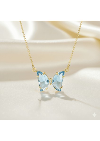Kadın Çelik Kolye - Kelebek Tasarım - Mavi Zirkon Taşlı - Altın Renk fırsatları