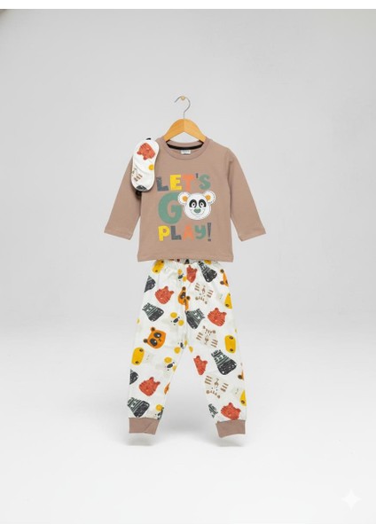 Eğlenceli Ayıcık Temalı Pamuk Erkek Bebek ve Çocuk Pijama Takımı Maske Hediyeli modelleri