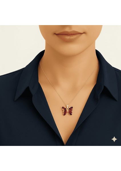 Kadın Çelik Kolye - Kelebek Tasarım - Fuşya Sarı Zirkon Taşlı - Altın Renk modelleri