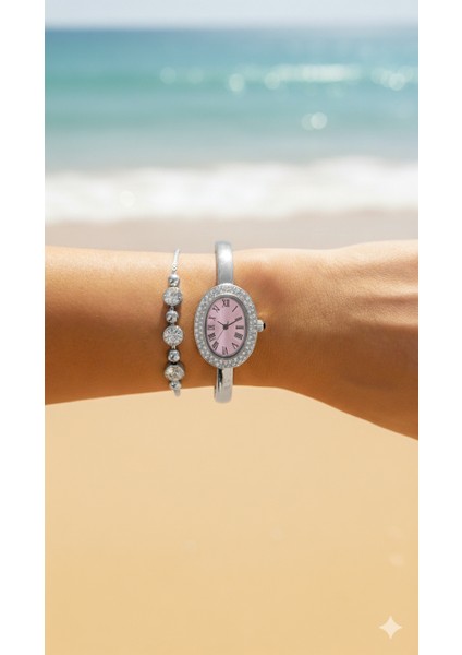Zarif Kadın Bilezik Görünümlü Saat Taşlı Bileklik Hediyeli Kombin Set