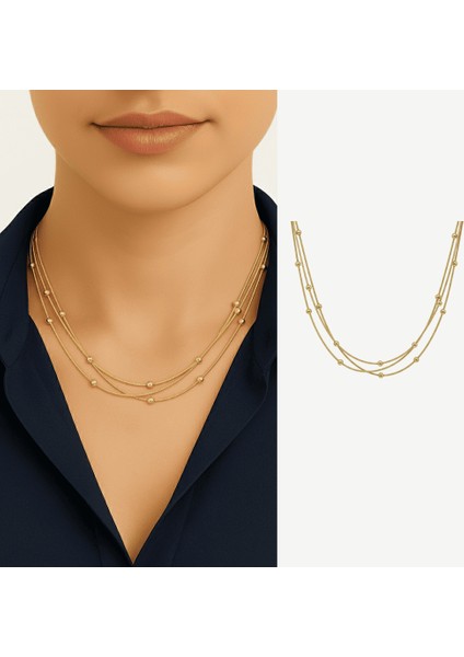 Kadın 3 Lü Çelik Kolye - Toplu Snake Zincirli - Asimetrik Tasarım - Altın Renk fiyatları