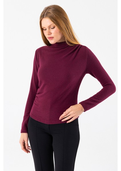 Kadın Dik Yaka Yanı Büzgü Detaylı Bluz Bordo - 26101 modelleri