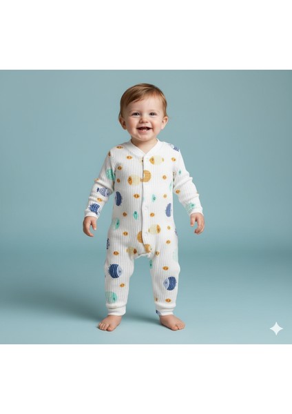 Unisex Balık Desenli Ribanalı Uzun Kollu Tulum Konforlu ve Şık Pamuklu Bebek Giysisi